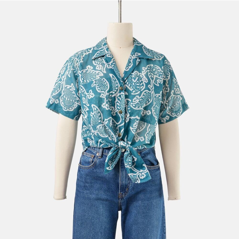 Vintage 80s Teal Paisley Shirt Cotton Button Up Blouse Tropical Print Top Small